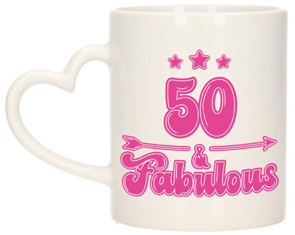 Bellatio Decorations Verjaardag cadeau koffiemok 50 jaar - geweldig - roze - hartjes handvat - 300 ml - Keramiek - Sarah