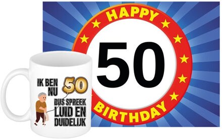 Bellatio Decorations Verjaardag cadeau koffiemok 50 jaar - man - luid en duidelijk - met A5 formaat wenskaart