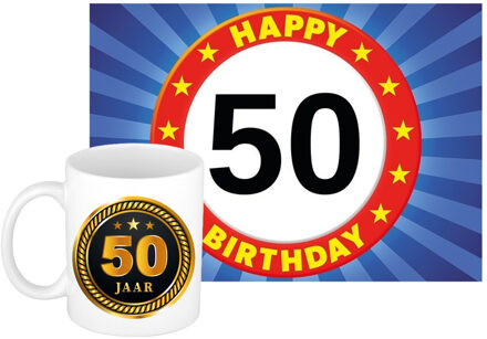 Bellatio Decorations Verjaardag cadeau koffiemok 50 jaar - man - medaille - met A5 formaat wenskaart