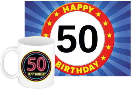 Bellatio Decorations Verjaardag cadeau koffiemok 50 jaar - man - neon sign - met A5 formaat wenskaart