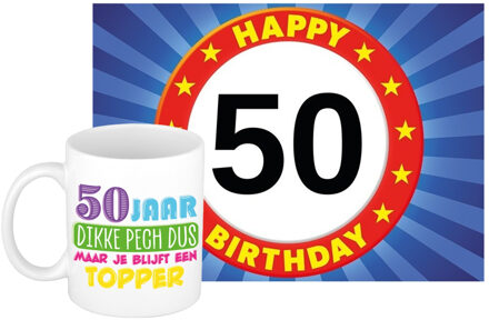 Bellatio Decorations Verjaardag cadeau koffiemok 50 jaar - vrouw - dikke pech - met A5 formaat wenskaart