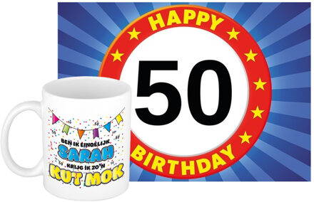 Bellatio Decorations Verjaardag cadeau koffiemok 50 jaar - vrouw - kut mok - met A5 formaat wenskaart