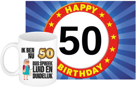 Bellatio Decorations Verjaardag cadeau koffiemok 50 jaar - vrouw - luid/duidelijk - met A5 formaat wenskaart