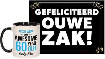 Bellatio Decorations Verjaardag cadeau koffiemok 60 jaar - man - awesome - met gefeliciteerd ouwe zak wenskaart