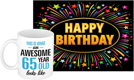 Bellatio Decorations Verjaardag cadeau koffiemok 65 jaar - man - awesome - met XL Happy Birthday wenskaart