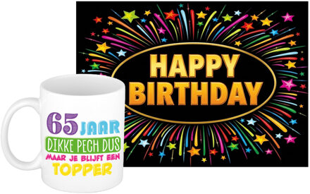 Bellatio Decorations Verjaardag cadeau koffiemok 65 jaar - man - dikke pech - met XL Happy Birthday wenskaart