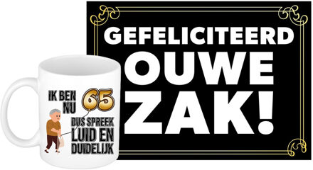 Bellatio Decorations Verjaardag cadeau koffiemok 65 jaar - man - luid/duidelijk - met gefeliciteerd ouwe zak wenskaart