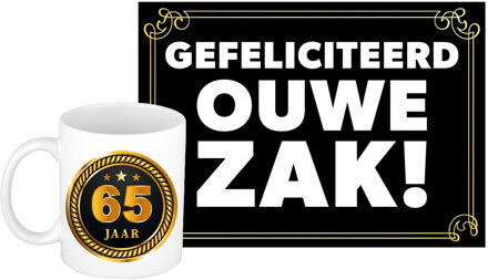 Bellatio Decorations Verjaardag cadeau koffiemok 65 jaar - man - medaille- met gefeliciteerd ouwe zak wenskaart