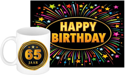 Bellatio Decorations Verjaardag cadeau koffiemok 65 jaar - man - medaille - met XL Happy Birthday wenskaart