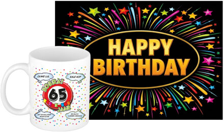 Bellatio Decorations Verjaardag cadeau koffiemok 65 jaar - man - ouwe lul - met XL Happy Birthday wenskaart