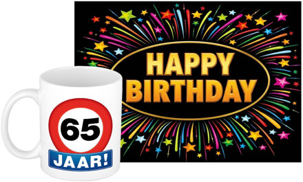 Bellatio Decorations Verjaardag cadeau koffiemok 65 jaar - man - stopbord - met XL Happy Birthday wenskaart