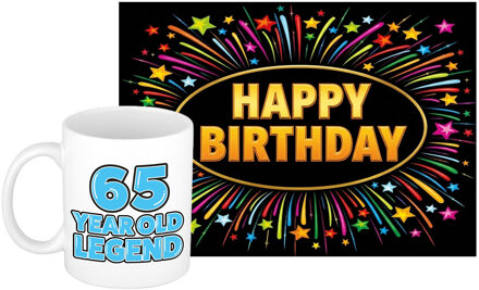 Bellatio Decorations Verjaardag cadeau koffiemok 65 jaar - man - zo oud - met XL Happy Birthday wenskaart