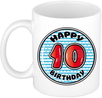 Bellatio Decorations Verjaardag cadeau mok - 10 jaar - blauw - gestreept - 300 ml - keramiek