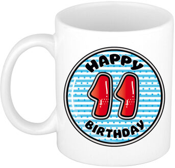 Bellatio Decorations Verjaardag cadeau mok - 11 jaar - blauw - gestreept - 300 ml - keramiek