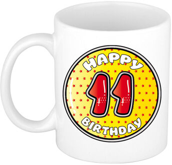 Bellatio Decorations Verjaardag cadeau mok - 11 jaar - geel - sterretjes - 300 ml - keramiek