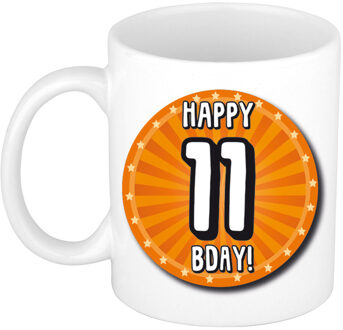 Bellatio Decorations Verjaardag cadeau mok 11 jaar - oranje - wiel - 300 ml - keramiek - feest mokken