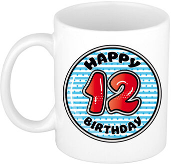 Bellatio Decorations Verjaardag cadeau mok - 12 jaar - blauw - gestreept - 300 ml - keramiek