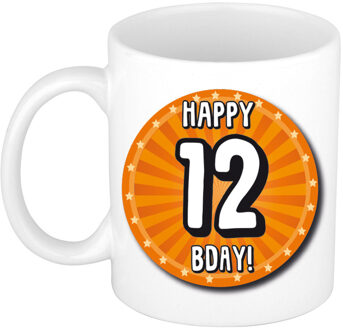 Bellatio Decorations Verjaardag cadeau mok 12 jaar - oranje - wiel - 300 ml - keramiek