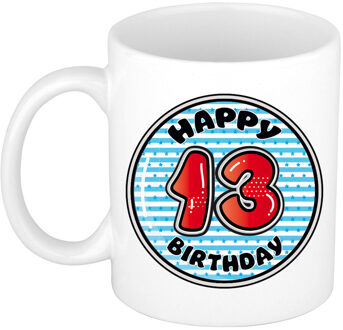 Bellatio Decorations Verjaardag cadeau mok - 13 jaar - blauw - gestreept - 300 ml - keramiek