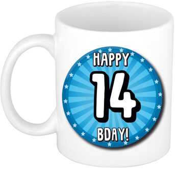 Bellatio Decorations Verjaardag cadeau mok 14 jaar - blauw - wiel - 300 ml - keramiek