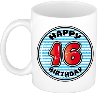 Bellatio Decorations Verjaardag cadeau mok - 16 jaar - blauw - gestreept - 300 ml - keramiek