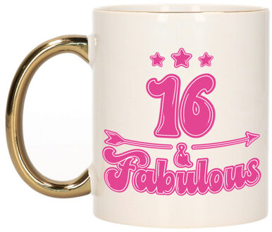 Bellatio Decorations Verjaardag cadeau mok 16 jaar - geweldig - gouden handvat - 300 ml - Keramiek Goudkleurig