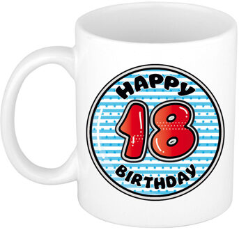 Bellatio Decorations Verjaardag cadeau mok - 18 jaar - blauw - gestreept - 300 ml - keramiek