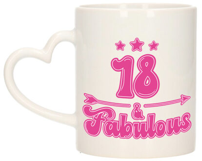 Bellatio Decorations Verjaardag cadeau mok 18 jaar - geweldig - roze - hartjes handvat - 300 ml - Keramiek