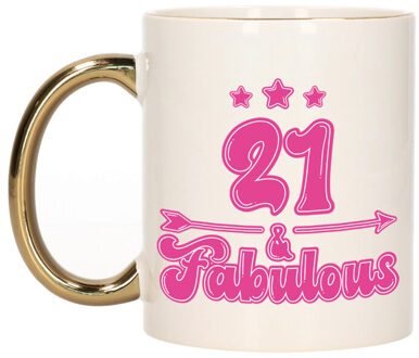 Bellatio Decorations Verjaardag cadeau mok 21 jaar - geweldig - gouden handvat - 300 ml - Keramiek Goudkleurig