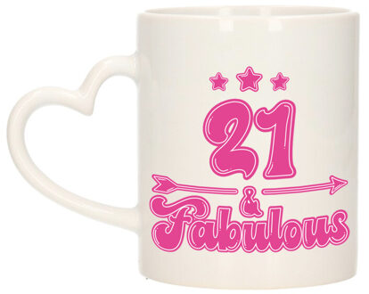 Bellatio Decorations Verjaardag cadeau mok 21 jaar - geweldig - roze - hartjes handvat - 300 ml - Keramiek