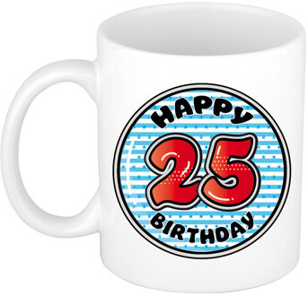 Bellatio Decorations Verjaardag cadeau mok - 25 jaar - blauw - gestreept - 300 ml - keramiek