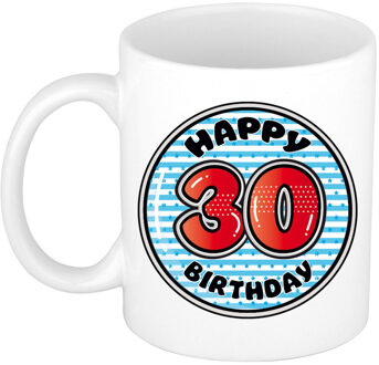 Bellatio Decorations Verjaardag cadeau mok - 30 jaar - blauw - gestreept - 300 ml - keramiek