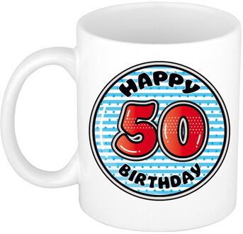 Bellatio Decorations Verjaardag cadeau mok - 50 jaar - blauw - gestreept - 300 ml - keramiek - Abraham