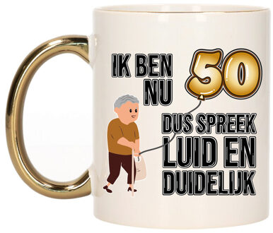 Bellatio Decorations Verjaardag cadeau mok 50 jaar - luid en duidelijk - goud - 300 ml - Keramiek - Abraham Goudkleurig