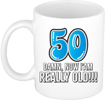 Bellatio Decorations Verjaardag cadeau mok 50 jaar - nu ben ik echt oud! - blauw - 300 ml - Abraham