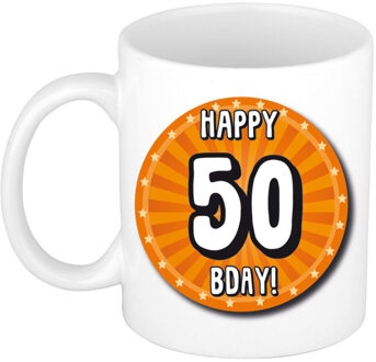 Bellatio Decorations Verjaardag cadeau mok - 50 jaar - oranje - wiel - 300 ml - keramiek - Sarah/Abraham