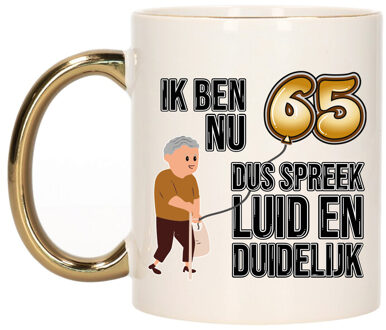 Bellatio Decorations Verjaardag cadeau mok 65 jaar - luid en duidelijk - goud - 300 ml - Keramiek Goudkleurig