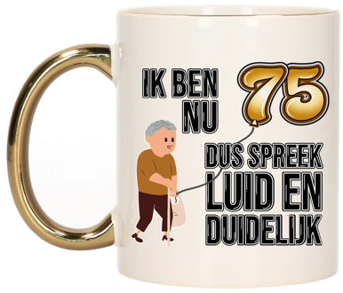 Bellatio Decorations Verjaardag cadeau mok 75 jaar - luid en duidelijk - goud - 300 ml - Keramiek