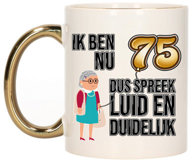 Bellatio Decorations Verjaardag cadeau mok 75 jaar - luid en duidelijk oma - goud - 300 ml - Keramiek Goudkleurig