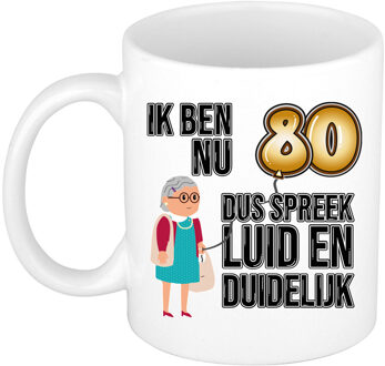 Bellatio Decorations Verjaardag cadeau mok 80 jaar - luid en duidelijk oma - bruin - 300 ml - Keramiek