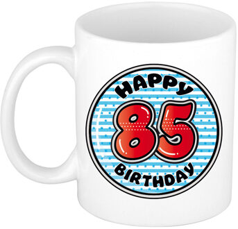Bellatio Decorations Verjaardag cadeau mok - 85 jaar - blauw - gestreept - 300 ml - keramiek