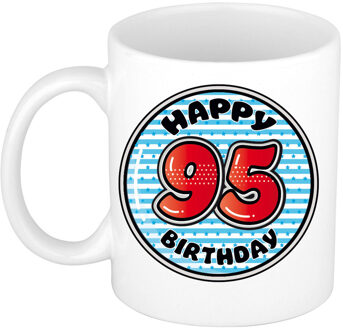 Bellatio Decorations Verjaardag cadeau mok - 95 jaar - blauw - gestreept - 300 ml - keramiek