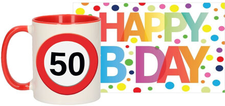 Bellatio Decorations Verjaardag cadeau mok/beker 50 jaar print 300 ml + A5-size wenskaart Happy Birthday
