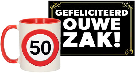Bellatio Decorations Verjaardag cadeau mok/beker 50 jaar print 300 ml + A5-size wenskaart ouwe zak