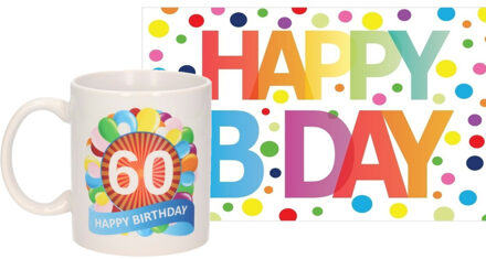Bellatio Decorations Verjaardag cadeau mok/beker 60 jaar print 300 ml + A5-size wenskaart Happy Birthday