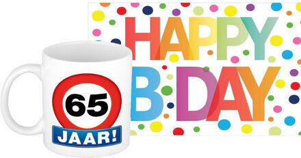 Bellatio Decorations Verjaardag cadeau mok/beker 65 jaar print 300 ml + A5-size wenskaart Happy Birthday