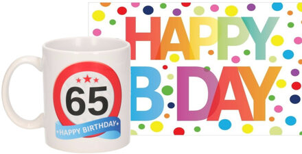 Bellatio Decorations Verjaardag cadeau mok/beker 65 jaar print 300 ml + A5-size wenskaart Happy Birthday