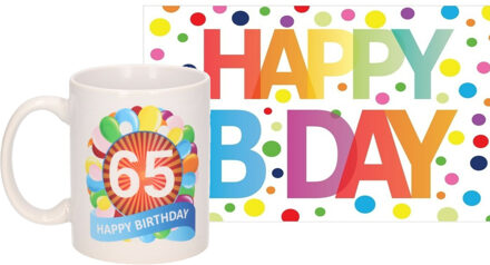 Bellatio Decorations Verjaardag cadeau mok/beker 65 jaar print 300 ml + A5-size wenskaart Happy Birthday