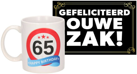 Bellatio Decorations Verjaardag cadeau mok/beker 65 jaar print 300 ml + A5-size wenskaart ouwe zak