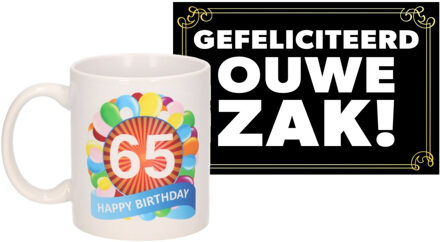 Bellatio Decorations Verjaardag cadeau mok/beker 65 jaar print 300 ml + A5-size wenskaart ouwe zak